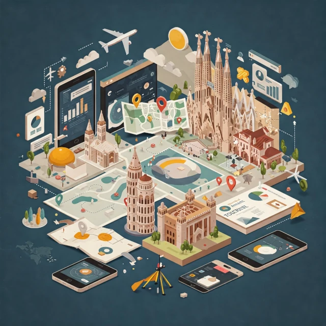 Ilustración conceptual que integra monumentos turísticos (como la Sagrada Familia), mapas, gráficas de rendimiento y dispositivos digitales, representando la importancia del diseño gráfico y la comunicación visual en el sector turístico para destacar y conectar con los viajeros.