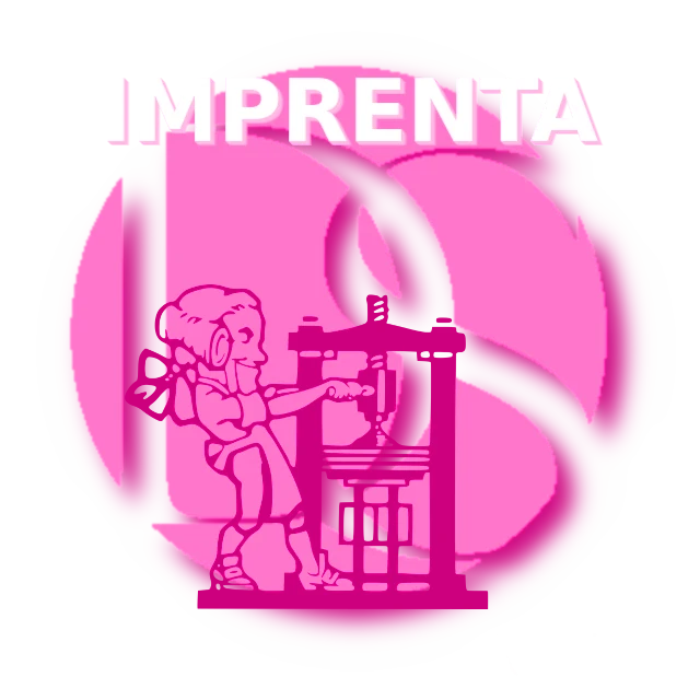 Ilustración del logo de Diseminado Comunicacion con un monigote utilizando una imprenta antigua y con la leyenda imprenta