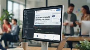 Pantalla de ordenador con página web y desarrollo de código en PHP.
