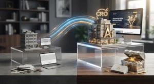 Maquetas de edificios y portátiles conectados por un flujo de luz, pasando de un diseño gris y básico a uno dorado y prémium.