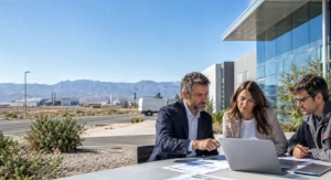 Reunión B2B de profesionales y técnico industrial revisando documentos y portátil en un polígono de Almería con montañas al fondo.