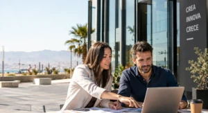 Reunión de negocios al aire libre en el Parque Científico-Tecnológico de Almería (PITA), sector TIC, con vistas a la costa y montañas.