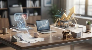 Representación 3D del <<Me gusta>> social y la caja registradora conectados a facturas y una tienda con un cofre de oro y flecha de crecimiento.