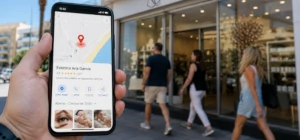 Smartphone mostrando la ubicación de un negocio local en un mapa digital frente a un moderno establecimiento comercial con fachada de cristal y peatones caminando en una calle soleada, representando el posicionamiento local y la visibilidad en Google Maps.