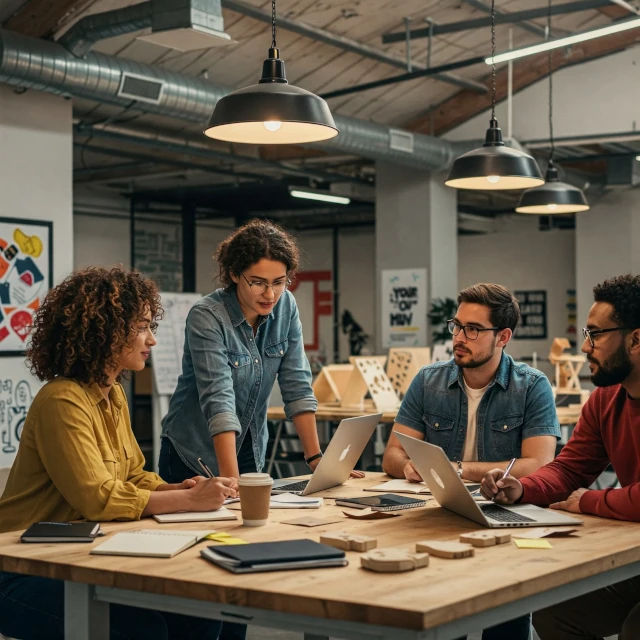 Equipo creativo en sesión de brainstorming que representa la misión de la agencia.
