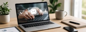 Ordenador portátil sobre un escritorio mostrando iconos de contacto y comunicación digital, representando la gestión de formularios y newsletters de Diseminado Comunicación