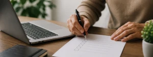 Persona marcando una casilla de consentimiento en un formulario junto a un ordenador portátil, representando la autorización para el tratamiento de datos y las comunicaciones electrónicas