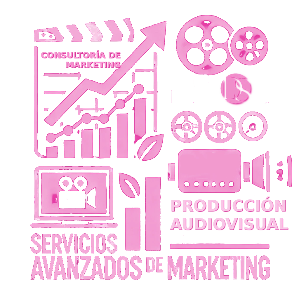 Ilustración con elementos gráficos de servicios audiovisuales y consultoría