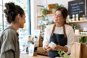 Personas interactuando en un comercio local, mostrando productos y comunicación de proximidad.
