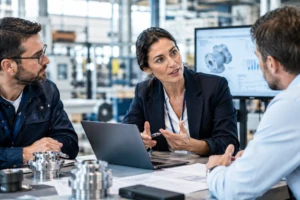 Profesionales de una industria analizando proyectos técnicos y estrategia B2B en una reunión corporativa.