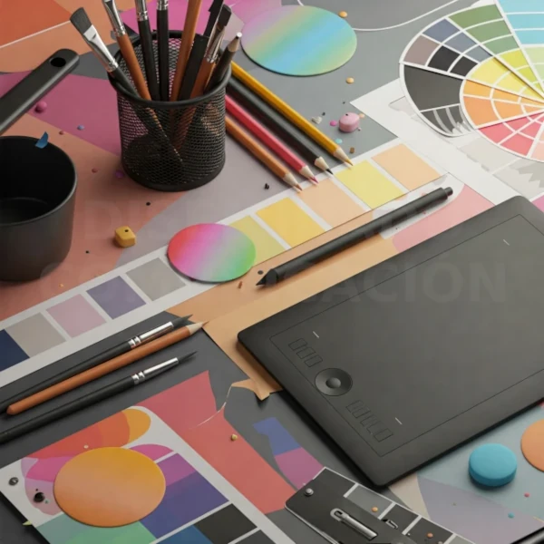 Imagen de la mesa de un diseñador gráfico con paleta de colores y herramientas