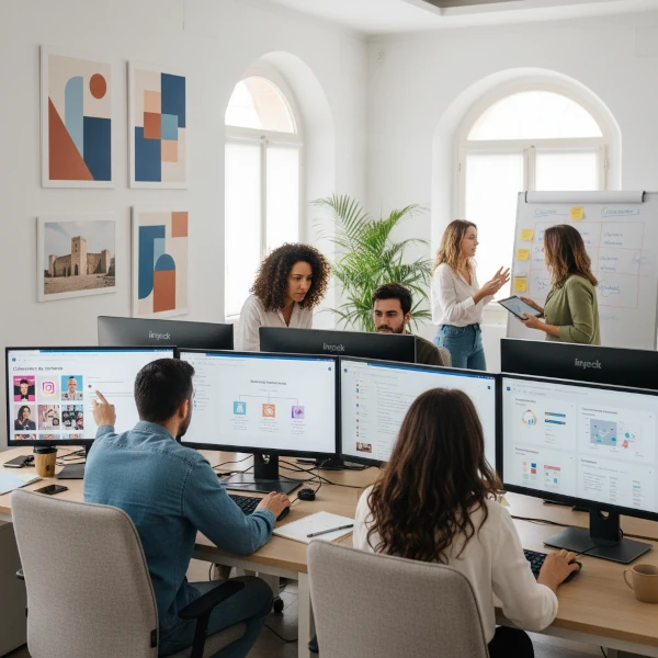 La imagen muestra a un equipo creativo trabajando en estrategias de redes sociales en una agencia digital moderna en Almería.