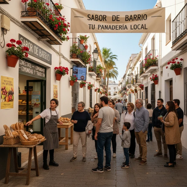 La imagen muestra a un propietario de negocio local interactuando con clientes diversos en una típica calle de Almería.