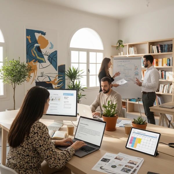 La imagen muestra a un equipo de marketing de contenidos desarrollando piezas de contenido valioso en un espacio creativo en Almería: escribiendo artículos de blog en laptops, diseñando newsletters, creando guiones de vídeos y desarrollando guías.