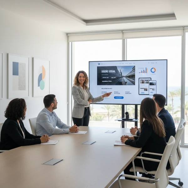 La imagen muestra a un director de marketing satisfecho presentando un sitio web recién diseñado a clientes en una sala de conferencias, con la interfaz del sitio web completa visible en una gran pantalla. 