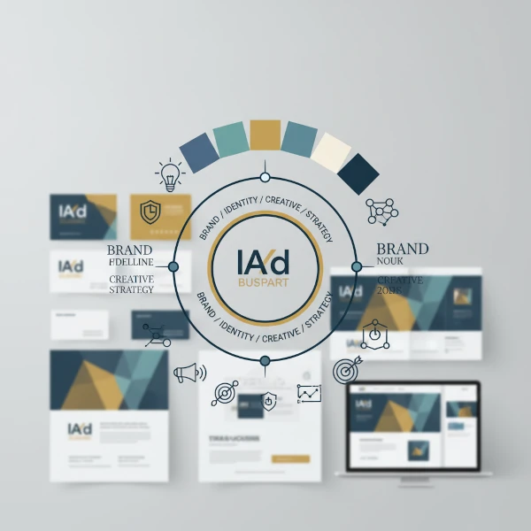 La imagen muestra de forma clara y visual los componentes esenciales de una marca profesional, incluyendo un logo central moderno, una paleta de colores armoniosa, tipografías elegantes y otros elementos gráficos cohesivos.