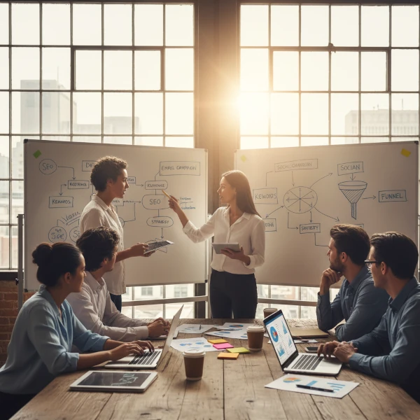 Equipo de marketing diverso y profesional reunido alrededor de una mesa de madera, discutiendo estrategias SEO y de marketing digital frente a dos grandes pizarras blancas llenas de diagramas y notas. La luz del sol entra por amplios ventanales.