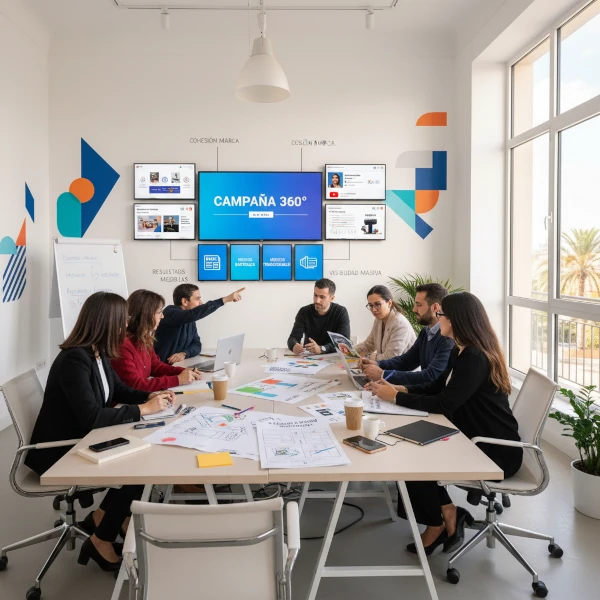 Equipo de marketing con múltiples canales visibles: pantallas digitales mostrando anuncios online y contenido de redes sociales, materiales impresos como pósteres y folletos, configuración de producción de vídeo, planificación de colaboración con influencers y coordinación de acciones locales.