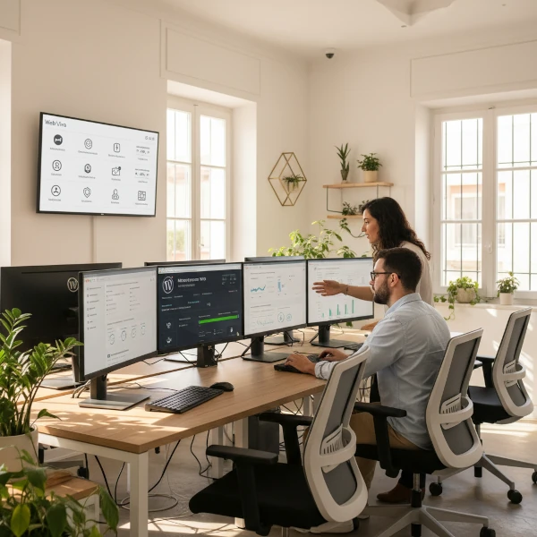 La imagen muestra a un desarrollador web y un especialista en IT trabajando juntos en tareas de mantenimiento de sitios web en una oficina tecnológica moderna en Almería.