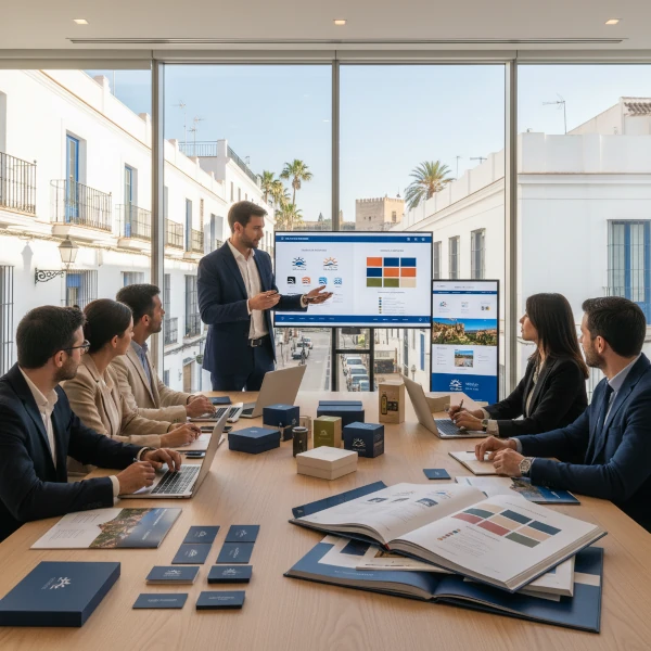 La imagen muestra a un director de marketing presentando un documento completo de pautas de marca a un equipo de profesionales en una sala de conferencias moderna en Almería.