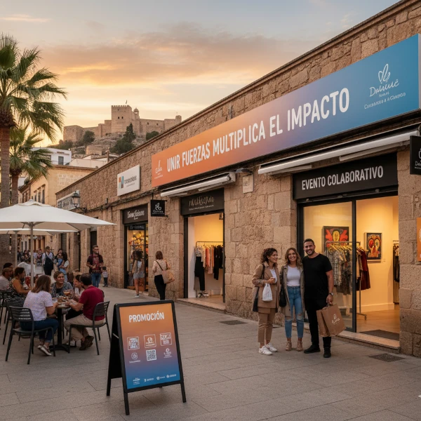 Imagen de varios comerciantes locales estrechando manos en un evento o feria. Colores cálidos, ambiente de cooperación y energía positiva.