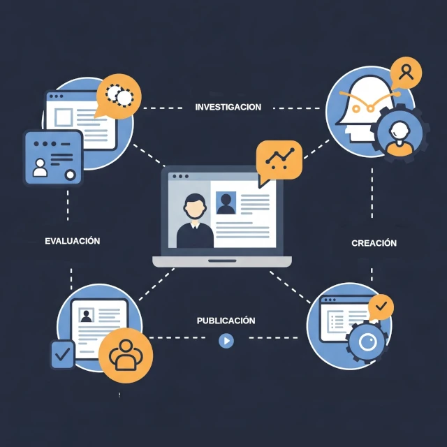 Iconos representativos de creación de blogs, artículos y optimización SEO para Marketing de Contenidos Básico