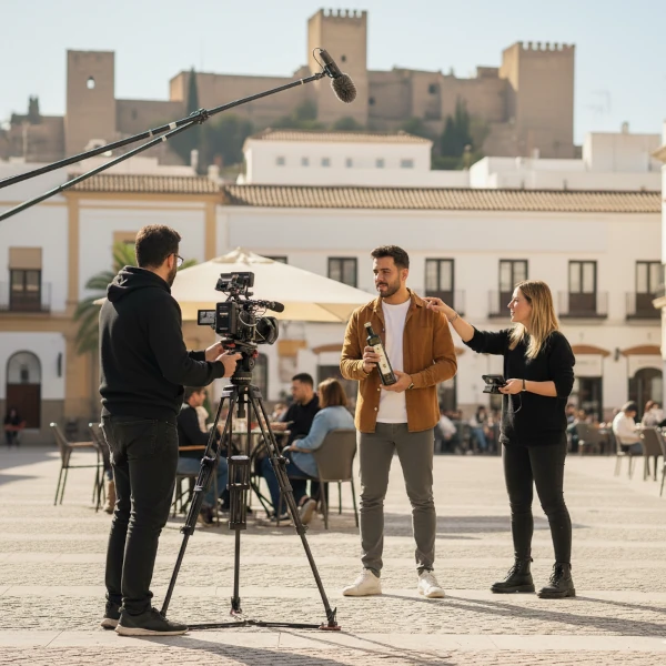 Grabación profesional de spot publicitario en exteriores. Un equipo de producción filma un anuncio en una calle de la ciudad al atardecer.