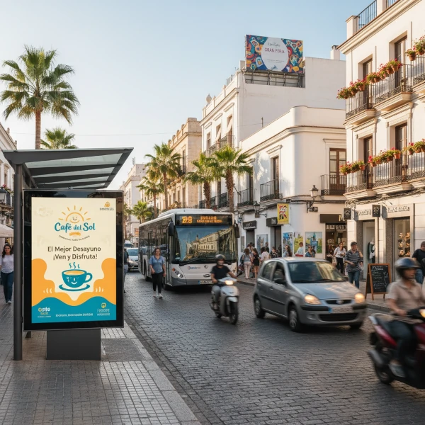 La imagen muestra una escena callejera animada con formatos publicitarios estratégicamente colocados como mupis (publicidad en mobiliario urbano), vallas, marquesinas de paradas de autobús y escaparates promocionales