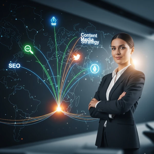 Mujer de negocios, segura de sí misma, de pie frente a un mapa digital. Las líneas luminosas en el mapa conectan iconos de SEO, redes sociales y estrategia de contenido, simbolizando el éxito del marketing digital y el liderazgo en su industria.