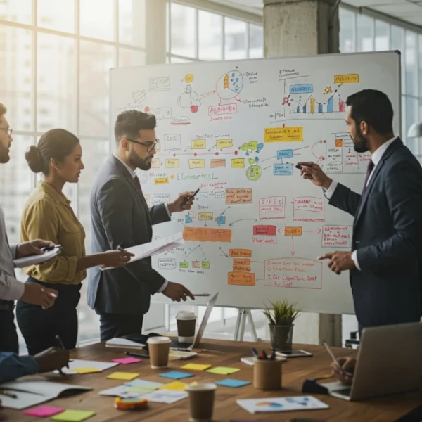 Un equipo de marketing diverso y profesional colaborando en una sala de reuniones con grandes ventanales.