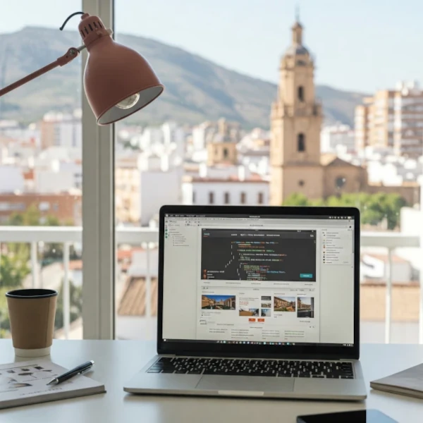 Imagen de un portátil en la oficina, creando páginas web y ecommerce con la ciudad al fondo, destacando la torre del campanario.